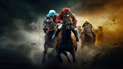 Fototapeta premium Intense horse race at full gallop. Epic lighting.