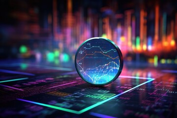 Magnified market insights: Stock market chart magnified within a glass. Stock market, investment, finance and business concept.