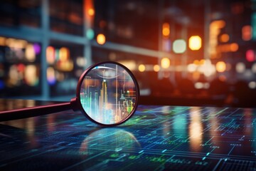 Magnified market insights: Stock market chart magnified within a glass. Stock market, investment, finance and business concept. - obrazy, fototapety, plakaty