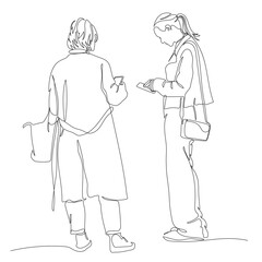 2 young women paused talk to use phones. Online addiction. Continuous line drawing. Black and white vector illustration in line art style.