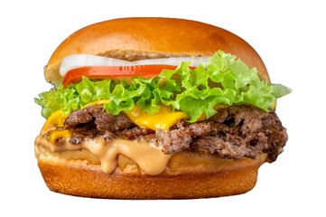 Close-up of a cheeseburger on a bun with tomato and lettuce toppings, ready to be enjoyed