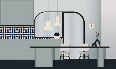 Abstract minimal retro modern kitchen interior concept in pastel shades of blue and dark wood colour. For concept, web, social media, banner, proposal