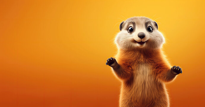 cute cartoon character happy beaver points paw at copy space on an orange isolated background