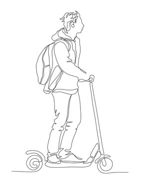 recommend clip art: Man with backpack riding push scooter. Wearing jacket with hood. Mobile city transport in new reality. Continuous line drawing. Black and white vector illustration in line art style.