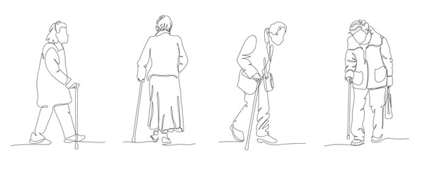 Senior people with walking canes. Set of 4 elderly men and women. Single line drawing. Vector illustration in line art style.