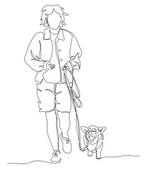 Woman jogging with pembroke corgi dog. Continuous line drawing. Black and white vector illustration in line art style.