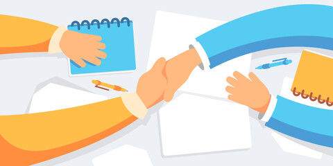 Vector illustration about conclusion, signing of an agreement and handshake.