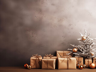 Gifts in craft paper, under the Christmas tree on a gray background. Scandinavian style.