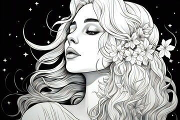 Beautiful girl with flowers in her hair,  Hand-drawn illustration