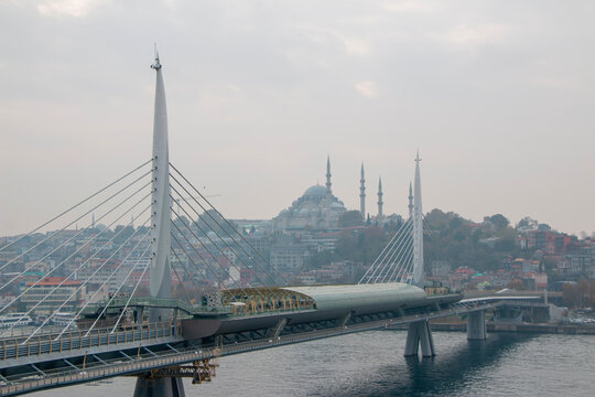 Golden Horn view of new built Halic Metro Bridge.
