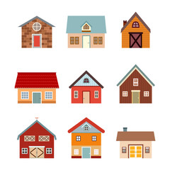 Set of different types with country houses, farm, barn and granary vector illustration in flat style
