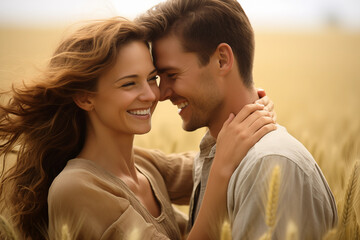 Happy smiling romantic couple hugging over wheat field. Generative AI