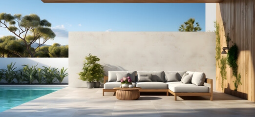 a pool backyard with a light concrete wall with a modern sofa - obrazy, fototapety, plakaty