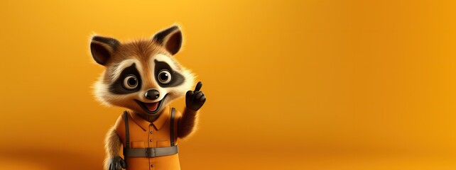 cute cartoon character happy raccoon points paw at copy space on an orange isolated background