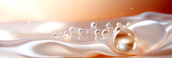 LUXURY BACKGROUND WITH PEARL NECKLACE ON WHITE SILK MATERIAL. MACRO. legal AI