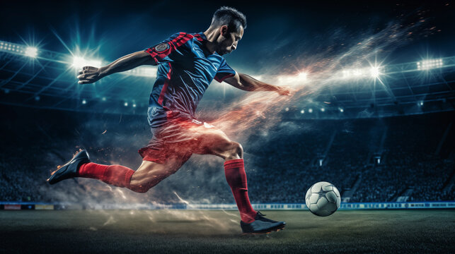 Football player running aiming soccer ball during match. Generative AI