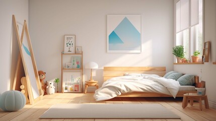 A bright and airy children's room with white walls and hardwood floors. The room is furnished with a white bed, a wooden nightstand, and a few colorful pillows and blankets. There is a large window th