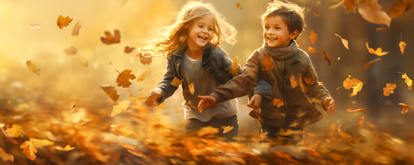 Children playing in a forest in autumn