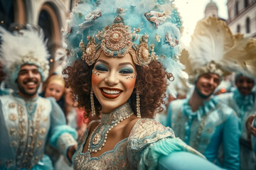 Black woman smiling at carnival , venetian masquerade - obrazy, fototapety, plakaty