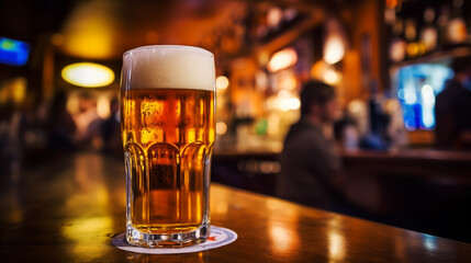 Fototapeta na wymiar Cold beer pint in glass on counter desk pub. Generative AI