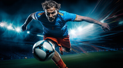 Professional football player chasing soccer ball during match. Generative Ai