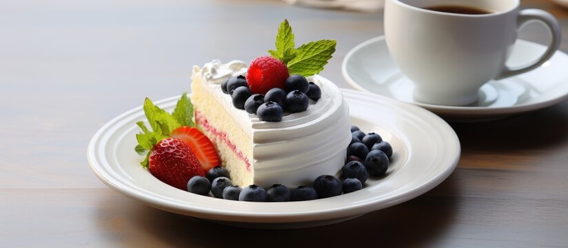 I enjoyed a cup of coffee at a cozy restaurant indulging in a slice of light and fluffy white cake topped with fresh fruit The blue decor and the aroma of cooking from the bakery filled the