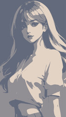 girl with long hair, silhoutte woman beautiful teenage girl vector illustration, anime girl, cartoon style