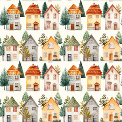 Cute watercolor buildings and trees. European houses seamless pattern. Trendy scandi vector background