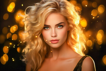 Young blonde beautiful woman portrait, with golden lights around