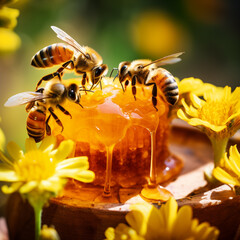 Naklejka premium Bees on honeycombs with dripping honey over floral background. Generative Ai