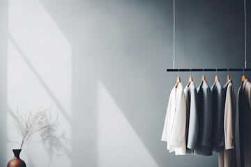 A clean and stylish clothes rack that displays a variety of fashionable clothing in a well-organized space. - obrazy, fototapety, plakaty