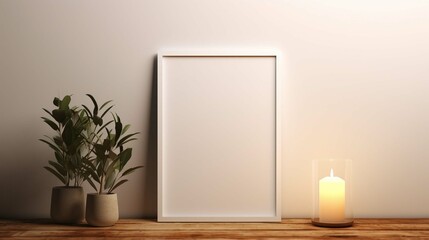 A close-up photo of a mockup poster empty frame on a shelf with a variety of home décor items, such as plants, books, and candles. The background is a light-colored wall. :