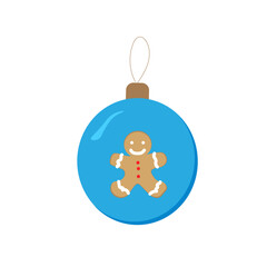 
New Year's blue balloon with a gingerbread man, on a white background,