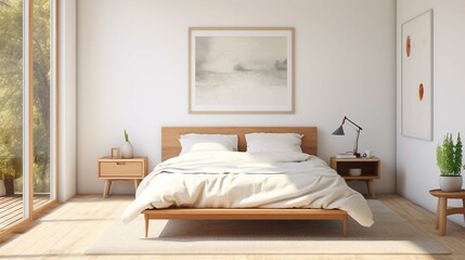 A mockup poster empty frame standing on a wooden easel in a modern bedroom. The bed is covered in a white duvet cover and pillows, and there is a nightstand on either side of the bed. The walls are pa