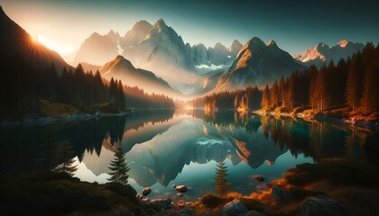 Amazing alps mountain landscape with lake mirror effect.