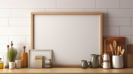 A photo of a mockup poster empty frame on a shelf in a modern kitchen. The frame is surrounded by kitchen utensils, dishes, and cookbooks. The background is a blurred view of the kitchen