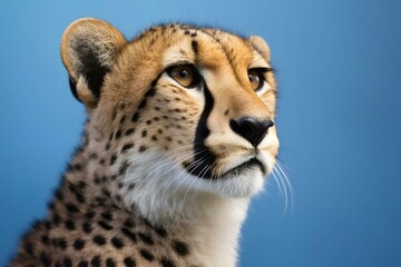 Close-up of cheetah looking at camera against blue background
