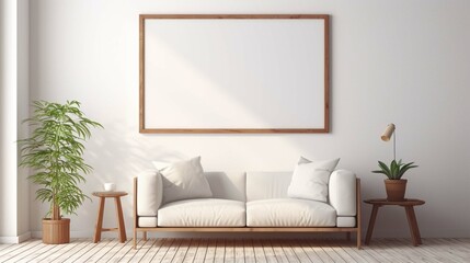 An empty poster frame hanging on a white wall in a minimalist living room. The room is furnished with a white sofa, a wooden coffee table, and a few plants. The sun is streaming through the window, c