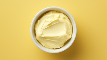 Bowl with tasty butter on color background, top view. Dairy products