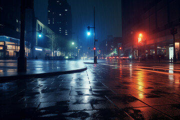 Fototapeta premium Empty city street after rain at night. Generative AI