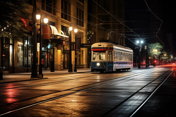 Tram on European street at night. Generative AI