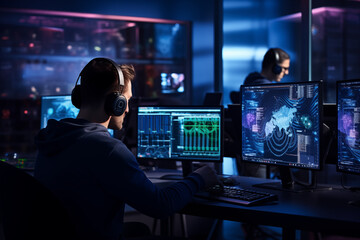 Confident man data scientist working on personal computer. Generative AI