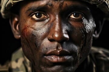 Portrait of young african american soldier with dirty face and dirty face - obrazy, fototapety, plakaty