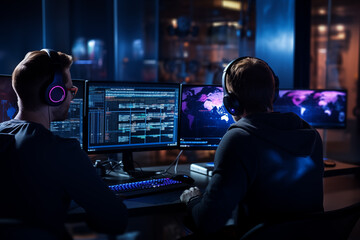 Two developers programming men working on computer with data. Generative AI