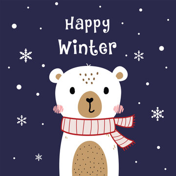 Christmas cartoon character cute bear. Print for baby winter party. Vector print with cute bear. Vector illustration