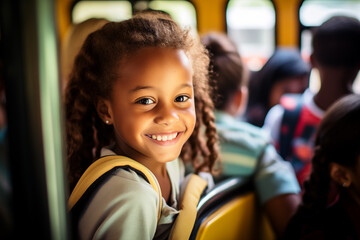 Kids smiling in school bus. Generative AI