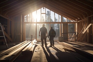 Two construction workers standing inside a sunlit construction site.