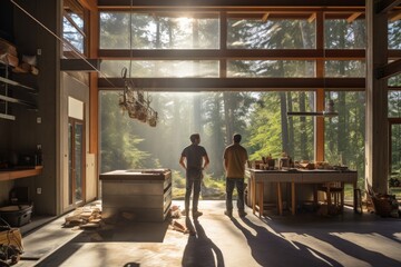 Two man standing in a sunlit interior.