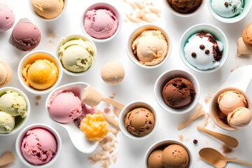 Obraz premium A selection of bowls of ice cream of different flavors in white bowls on a white background