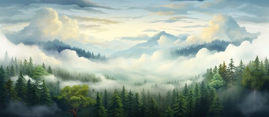 Foggy mountain with fir cedar forest nature landscape background. AI generated